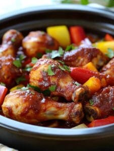 Slow Cooker BBQ Drumsticks with Peppers and Onions