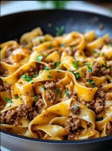 Mongolian Ground Beef and Noodles in Skillet