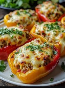 Bell Peppers Filled with Ground Meat, Rice, and Spices