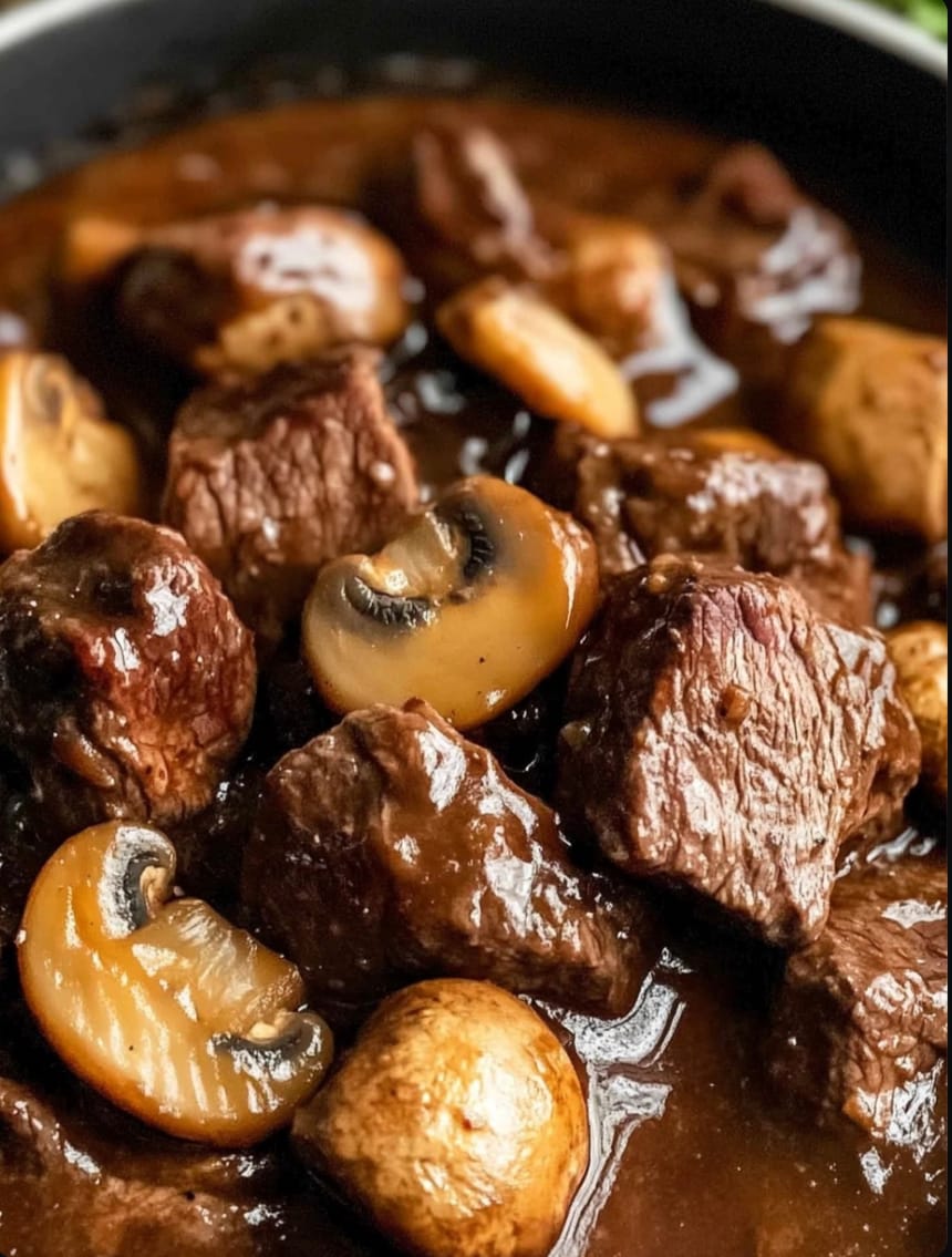 This image appears to show a well-cooked beef stew or beef bourguignon, with large chunks of tender beef and mushrooms in a rich, dark sauce. Here is a detailed breakdown of the image: Angle of View: The image is taken at a slight downward angle, close to the level of the food, giving a clear focus on the dish and its details. The angle emphasizes the texture of the meat and mushrooms, creating a sense of warmth and depth, perfect for a food image. Lighting: The lighting appears to be soft and natural, likely from a nearby source, such as a window, enhancing the natural colors of the dish. There are subtle highlights on the glossy surface of the sauce and the beef, which adds to the appeal and makes the food look fresh and appetizing. The lighting is evenly distributed with no harsh shadows, giving the impression that this photo was thoughtfully set up to showcase the food. Focus and Depth: The focus is sharp on the foreground, especially on the pieces of beef and mushrooms, while the background of the dish fades slightly, helping to direct the viewer's attention to the main ingredients. This suggests that a shallow depth of field was used to keep the attention on the food. Quality: The image quality is high, with clear details and vivid colors, suggesting it was taken with a camera that offers good resolution. The smoothness of the textures and the lack of noise indicate that it is likely not taken with a basic phone camera. It feels more deliberate, possibly taken with a higher-end phone or a dedicated camera. The image looks professionally styled, but the casual nature of the dish suggests that it might have been shot by a skilled amateur with attention to detail. Composition: The dish fills the majority of the frame, drawing immediate focus to the rich, hearty texture of the meat and mushrooms. The background is subtly blurred, keeping the viewer's focus on the food, which enhances the overall aesthetic and makes the image visually appealing. Amateur or Professional: While it could have been taken by an amateur, the framing, lighting, and focus suggest a good knowledge of food photography principles, indicating that it might have been captured by someone with experience in photography or a high-quality phone camera with good photography settings. Overall, this image is visually appealing and well-composed, with excellent focus on the dish and balanced lighting, making it a professional-quality food photo.