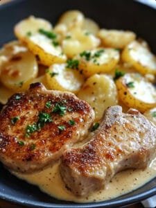 Garlic Parmesan Pork Chops with Cheesy Scalloped Potatoes