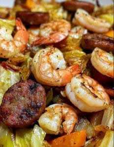 Fried Cabbage with Shrimp, Sausage & Bacon