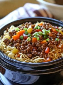 Slow Cooker Mongolian Ground Beef Chow Mein