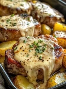Creamy Garlic Pork Chops with Cheesy Potato Bake