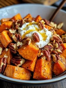 Maple Walnut Goat Cheese Roasted Sweet Potatoes