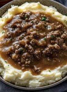 Ground Beef and Gravy Over Mashed Potatoes