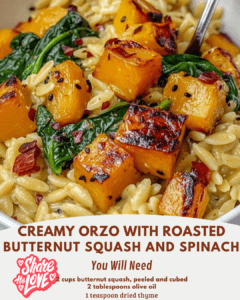 CREAMY ORZO WITH ROASTED BUTTERNUT SQUASH AND SPINACH