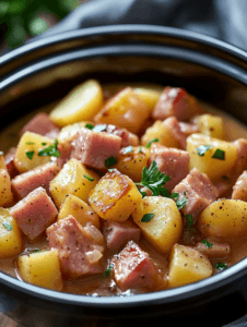 Slow Cooker Ham and Potatoes Stew with Bacon