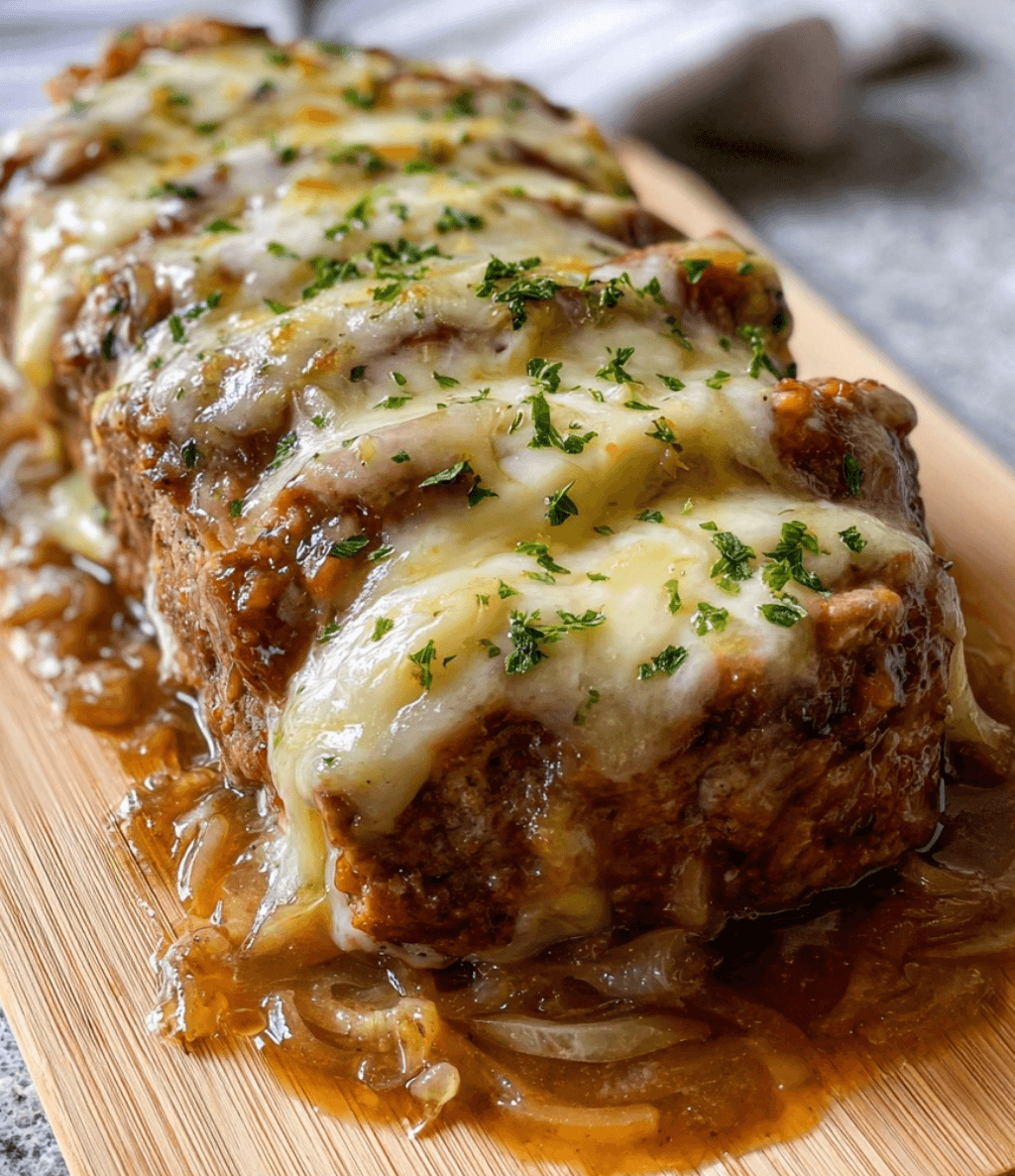 French Onion Meatloaf with Melted Swiss Cheese