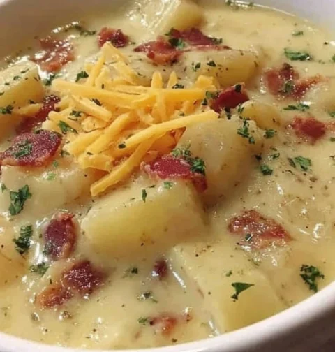 Best Thick Loaded Potato Soup Recipe Creamy Bacon Potato Soup Homemade Hearty Baked Potato Soup With Bacon Bits Low-calori...
