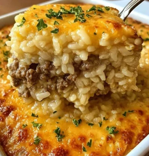 Easy Cheesy Beef Rice Casserole Recipe Quick Ground Beef Rice Casserole Simple Weeknight Beef Casserole Budget-friendly Be...