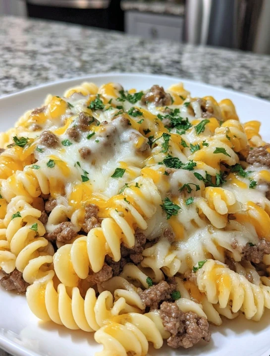 Cheesy Rotini with Garlic Butter Beef