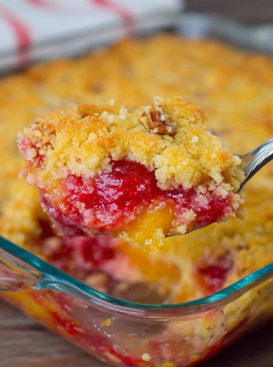 Quick Cherry Pineapple Dump Cake with juicy fruit & golden crust