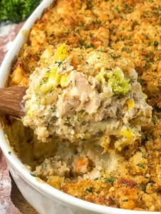 Easy Chicken & Stuffing Casserole — creamy, comforting and served hot