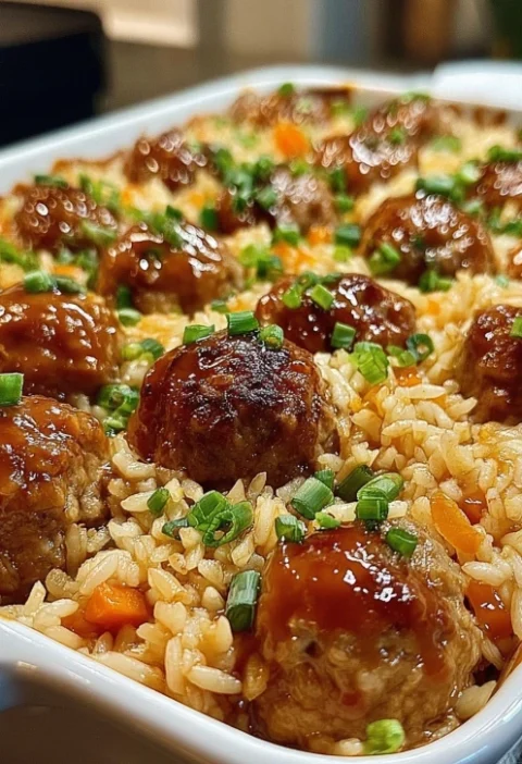 Easy Honey Garlic Meatball Rice Bake Recipe Homemade Honey Garlic Meatball Casserole Best Rice Bake With Honey Garlic Meat...