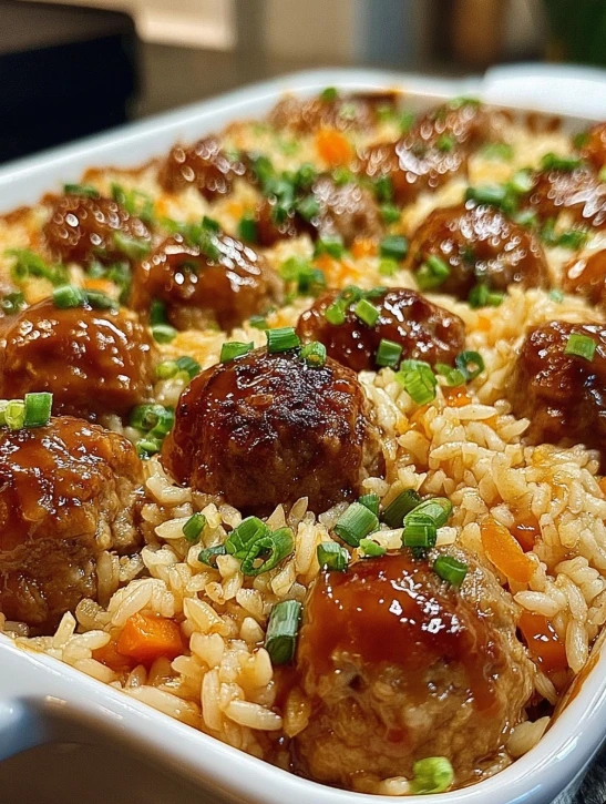 Honey Garlic Meatball Rice Bake