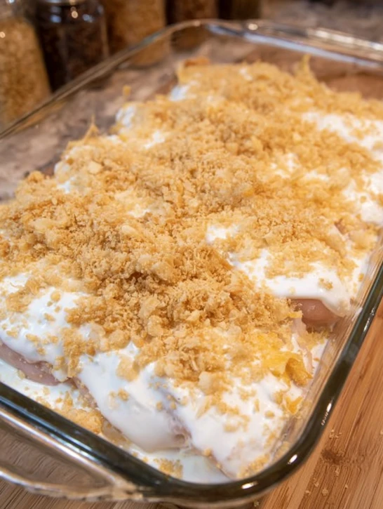One-Dish Golden Baked Chicken with cracker-crumb topping