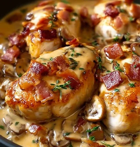 Sliced Chicken With Mustard Recipe Bacon And Mushroom Chicken Skillet Creamy Mustard Chicken With Bacon Low Carb Mustard C...
