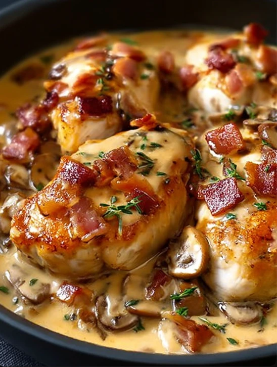 Sliced Chicken with Mustard, Bacon and Mushrooms