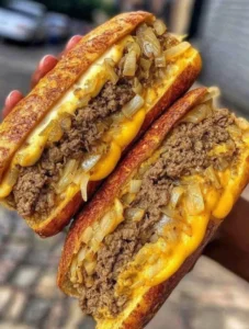 Classic Philly Cheesesteak Sloppy Joes with peppers, onions & provolone