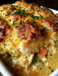 Easy Cheddar Bay Chicken Cobbler — creamy chicken topped with cheddar biscuit goodness