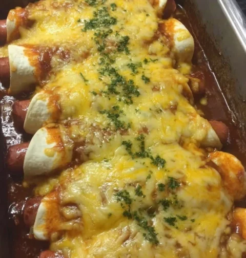 Easy Chili Cheese Dog Bake Recipe Homemade Chili Cheese Dog Casserole Family-friendly Cheesy Hot Dog Bake Gooey Chili Chee...