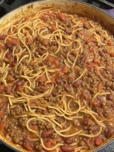 Easy Cowboy Spaghetti with ground beef, bacon & cheddar