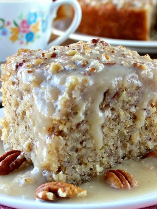 Easy Southern Pecan Praline Cake with warm caramel glaze