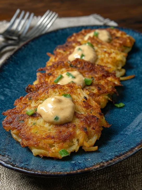 Golden Green-Chile & Cheese Potato Cakes with Creamy Chile Sour Cream