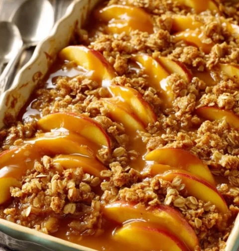 Easy 4-ingredient Caramel Apple Crumble Quick Caramel Apple Tray Bake Recipe Simple Caramel Apple Crumble With 4 Ingredien...