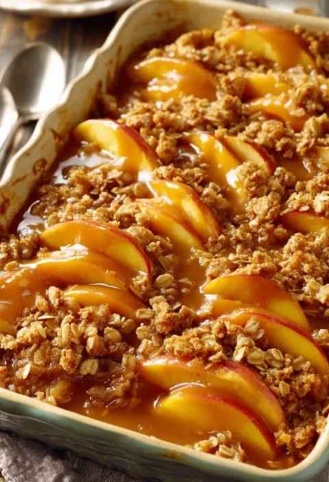 Easy 4-ingredient Caramel Apple Crumble Quick Caramel Apple Tray Bake Recipe Simple Caramel Apple Crumble With 4 Ingredien...