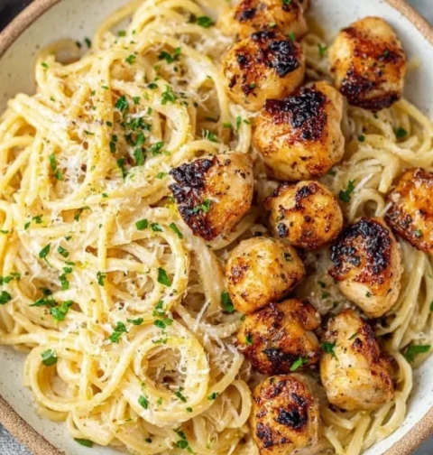 Garlic Butter Chicken Bites Savory Parmesan Linguine