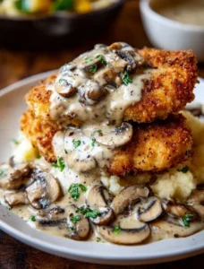 Low Carb Keto Breaded Chicken Cutlets with Creamy Mushroom Gravy
