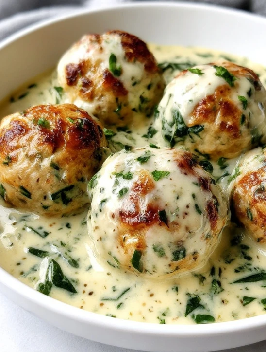 Baked Chicken Ricotta Meatballs with Spinach Alfredo Sauce
