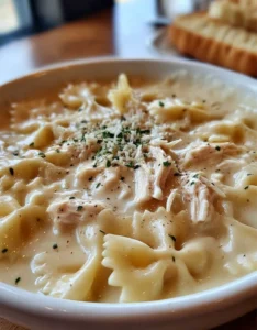 Creamy Chicken Alfredo Pasta Soup with Bowtie Pasta
