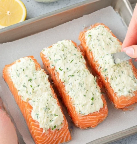 Low Carb Baked Salmon Creamy Parmesan Topping