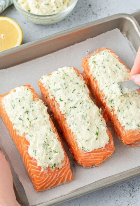 Low Carb Baked Salmon Creamy Parmesan Topping