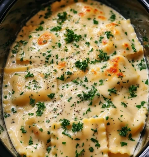 Slow Cooker Pesto Chicken Alfredo Ravioli Lasagna