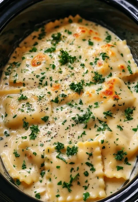 Slow Cooker Pesto Chicken Alfredo Ravioli Lasagna