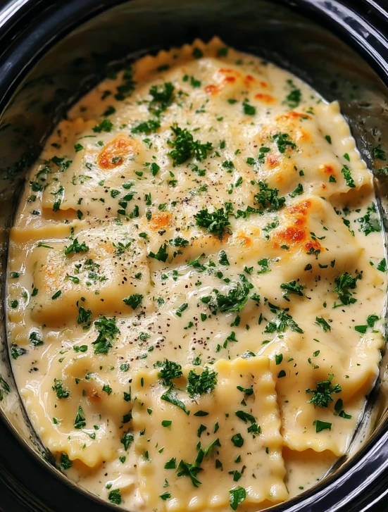 Slow Cooker Pesto Chicken Alfredo Ravioli Lasagna