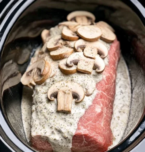 5ingredient Slow Cooker Creamy Mushroom Pork Tenderloin