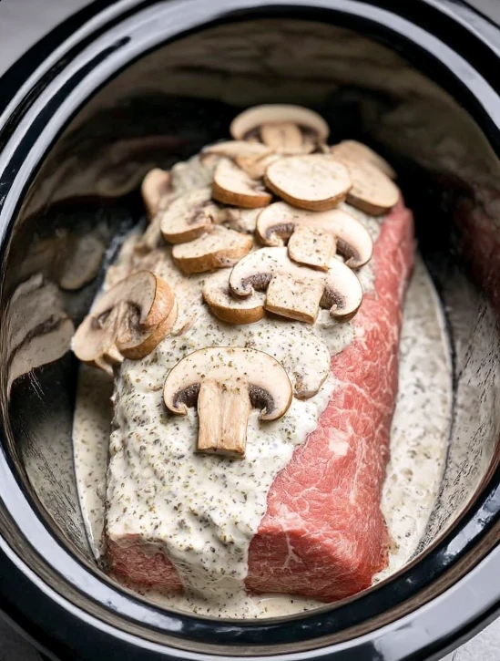 5-Ingredient Slow Cooker Creamy Mushroom Pork Tenderloin