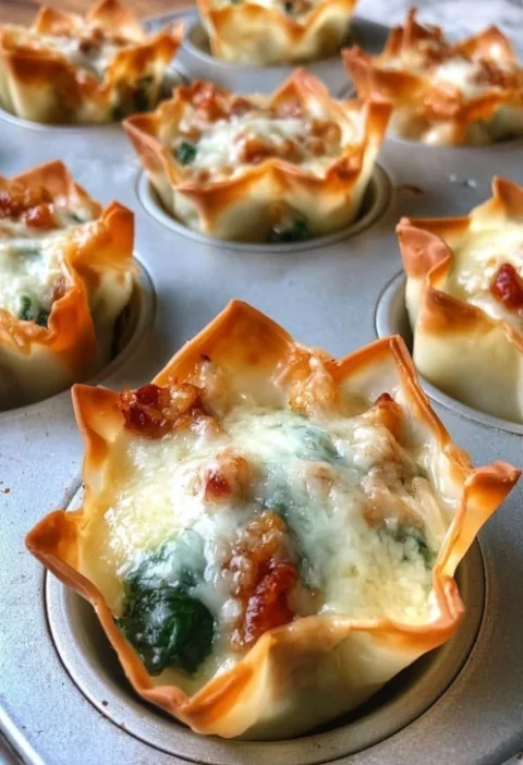 Baked Sausage Cheese Mini Wontons Spinach Sundried Tomatoes