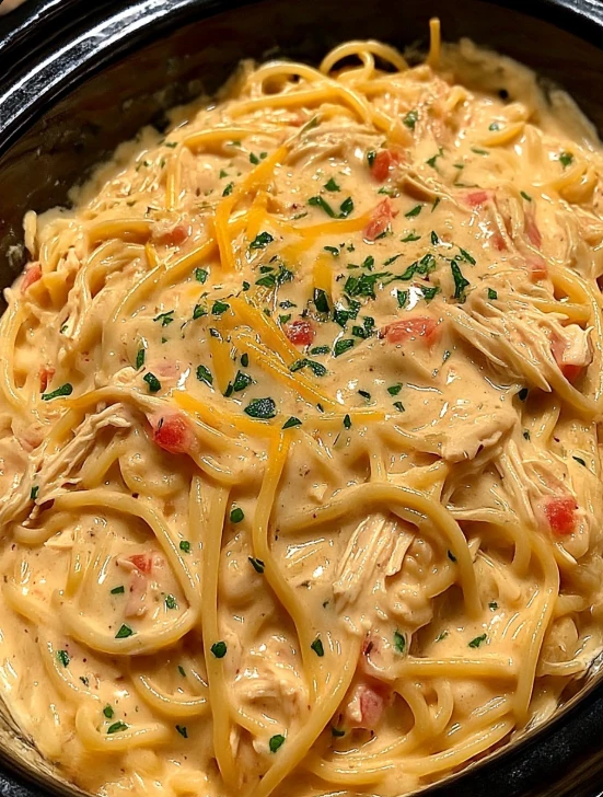 Creamy Crockpot Chicken Spaghetti