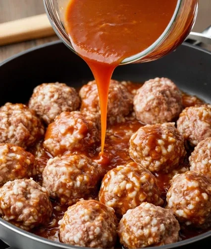 Skillet Porcupine Meatballs Savory Tomato Pourover