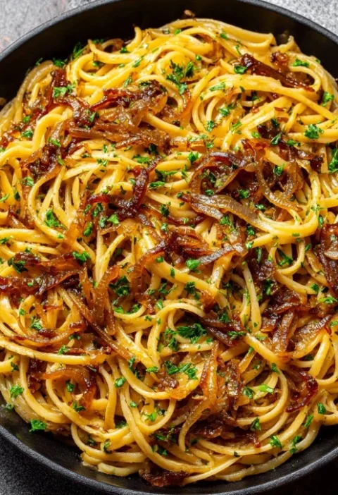 Slow Cooker Garlic Herb Linguine Caramelized Onions