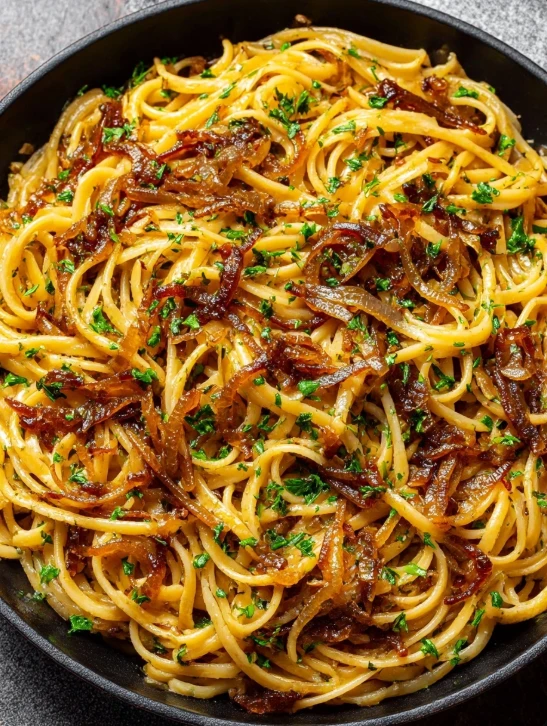 Slow Cooker Garlic Herb Linguine with Caramelized Onions