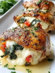 Roasted Chicken Stuffed with Roasted Red Pepper, Spinach, and Mozzarella