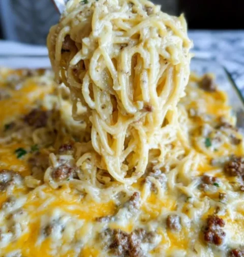 Cheesy Beef Spaghetti Casserole