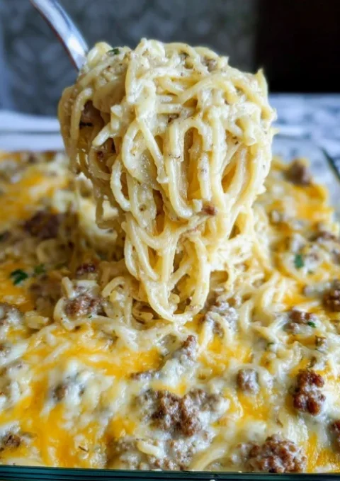 Cheesy Beef Spaghetti Casserole